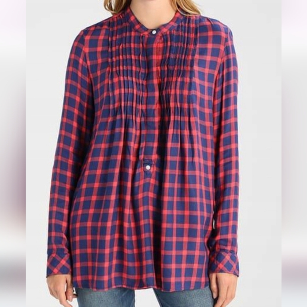 Gap Red & Blue Plaid Pintuck Popover Half Button Up Oversized Top Size XS - Picture 1 of 11